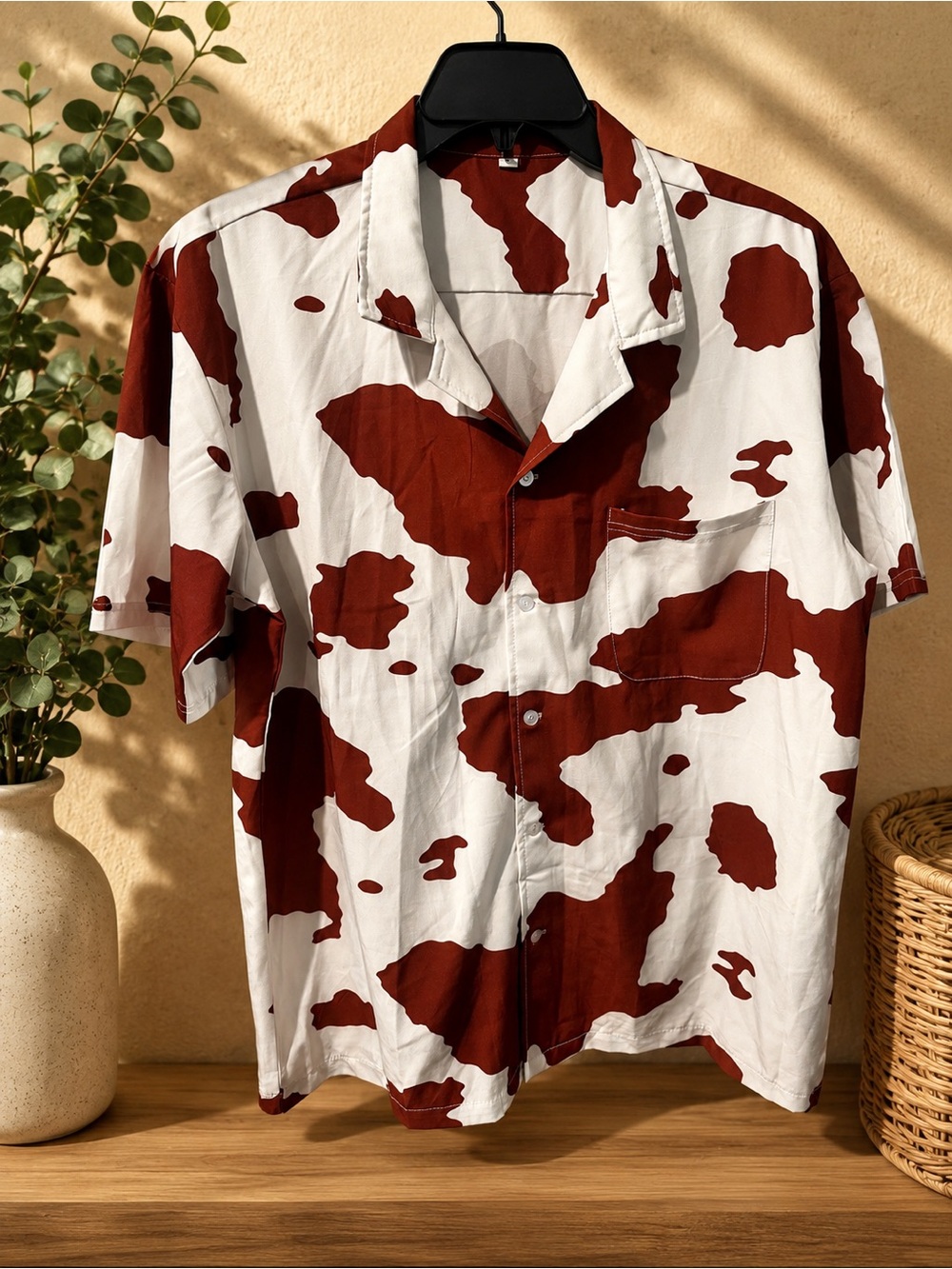 Men's Casual Short-Sleeve Button-Down Shirt in White and Rust Cowprint
